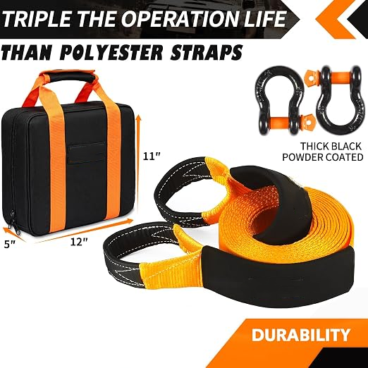 35,000LB Heavy Duty Recovery Tow Strap Kit – Ultra Strong Nylon Offroad Rescue Gear