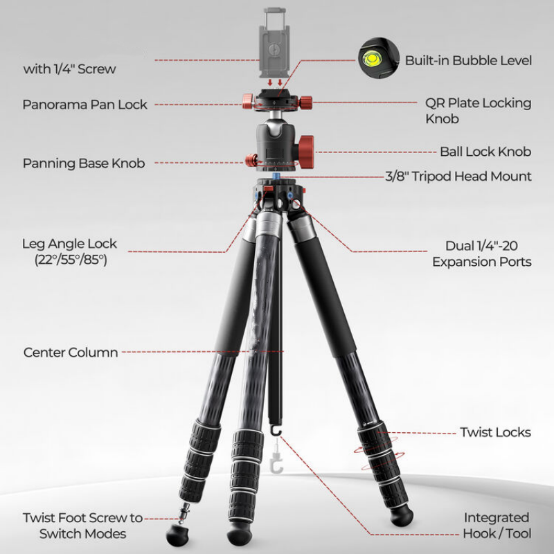 5-in-1 Carbon Fiber Tripod with Multi-Mode Shooting Flexibility