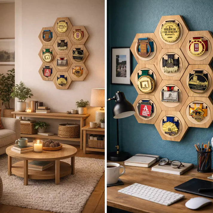 Wooden Medal Display Rack – Hexagon Wall Organizer for Sports Awards