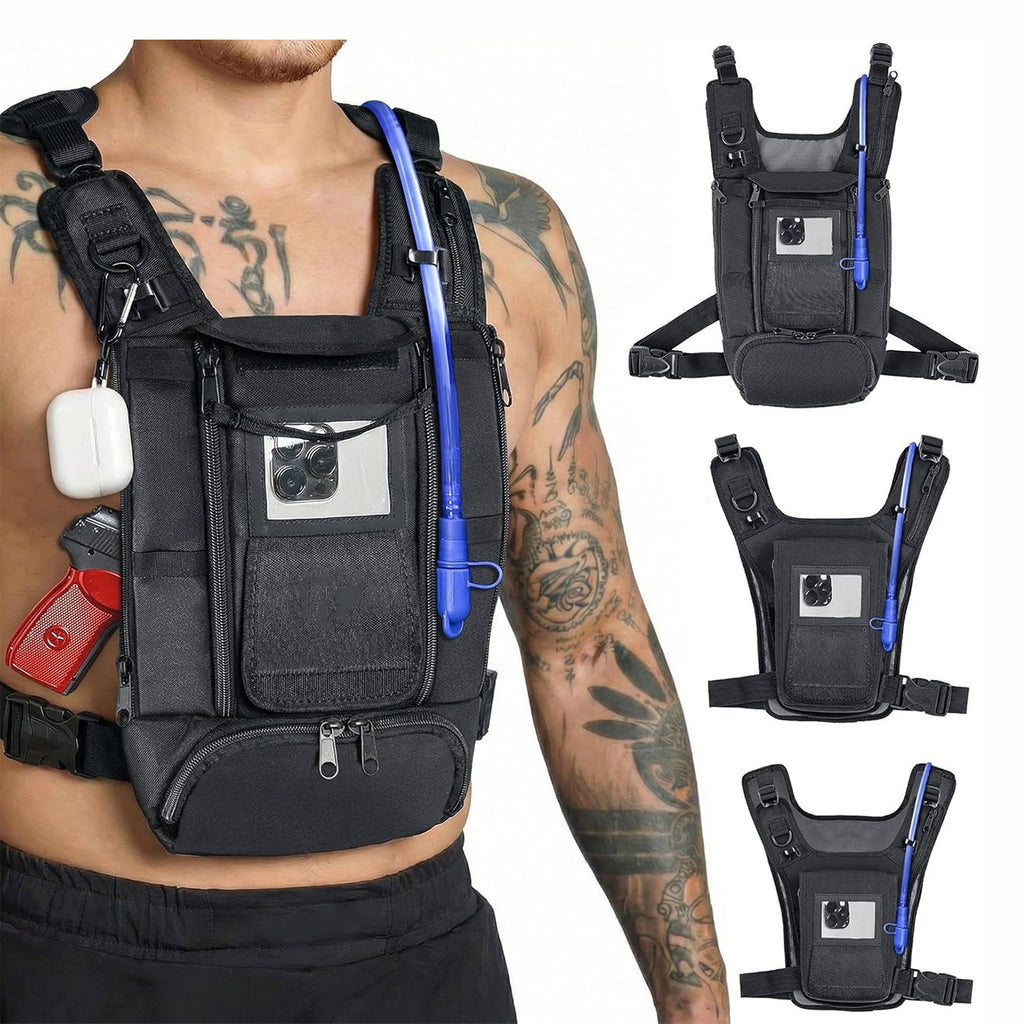 Running chest pack with holster and phone pocket