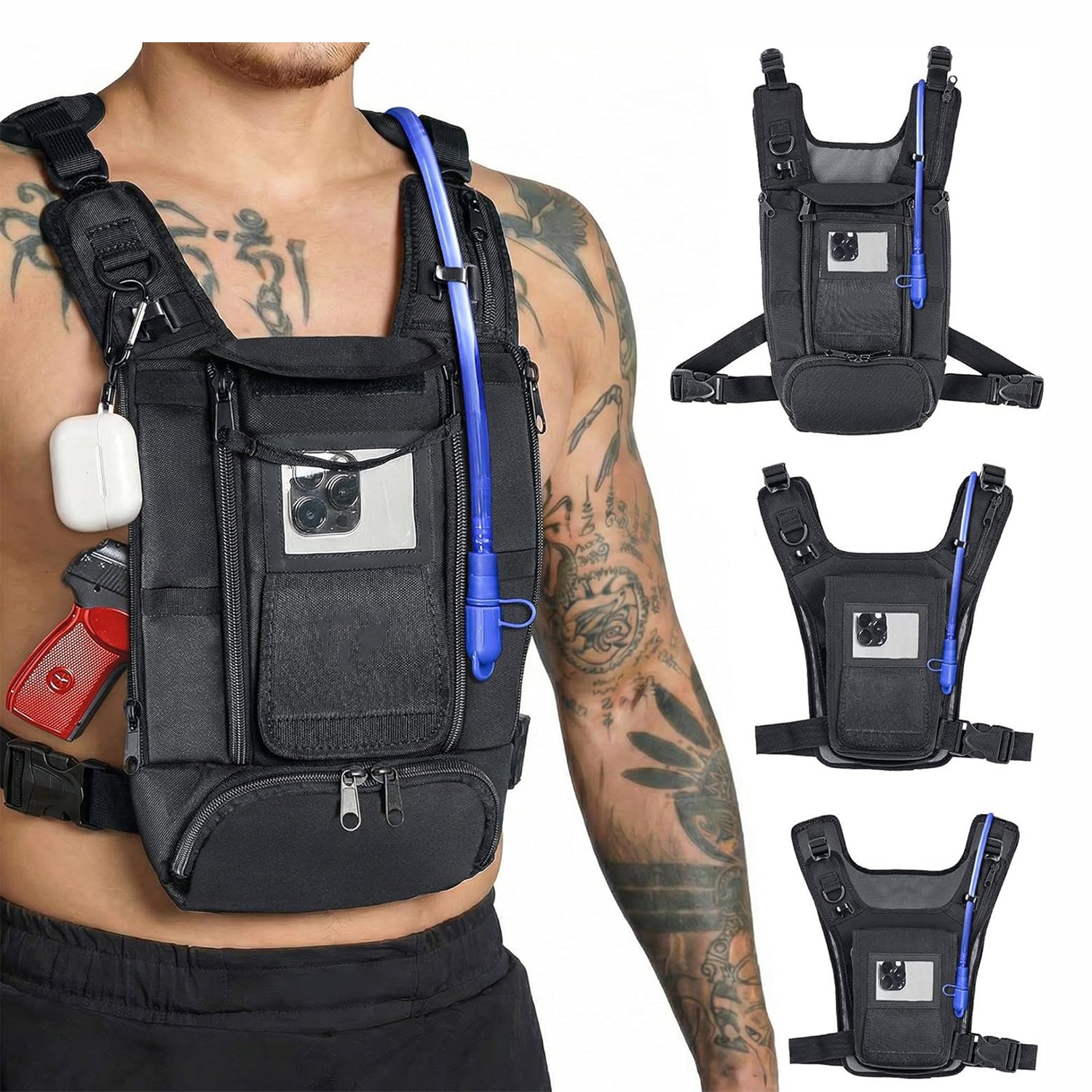 Running chest pack with holster and phone pocket